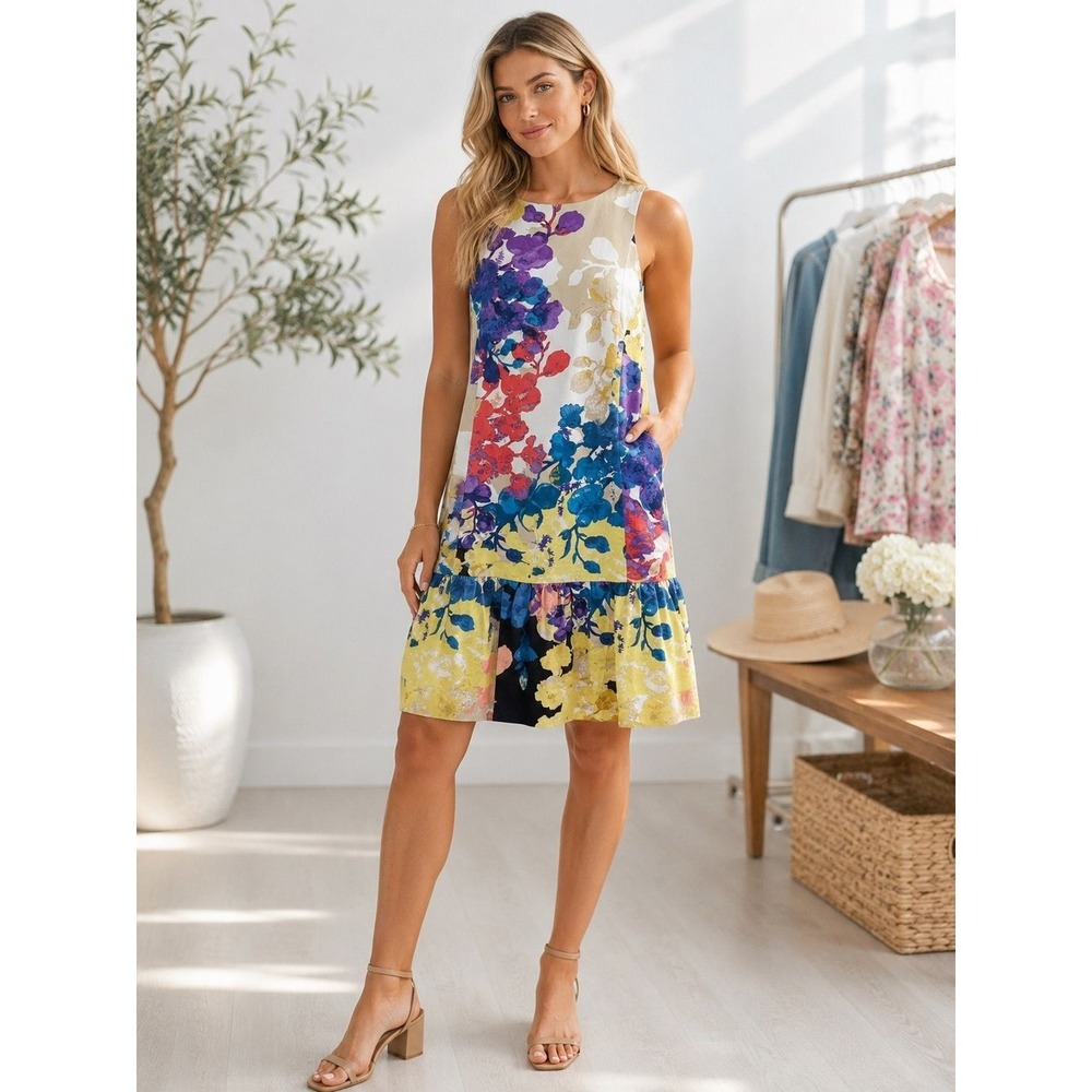 Donna Morgan Shift Dress Womens 10 Yellow Floral Ruffle Hem Cotton Stretch